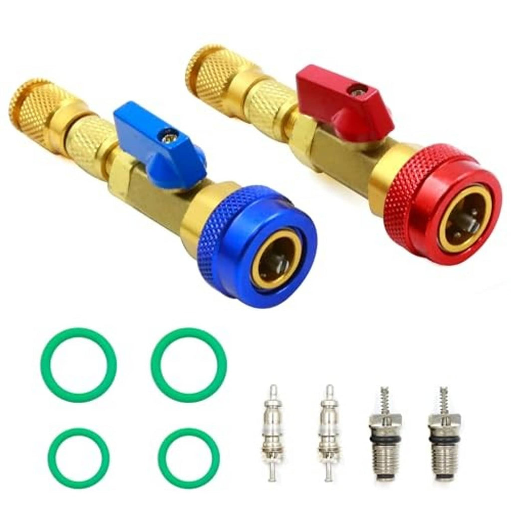 Brass valve core tool set with red and blue ends plus green O-rings and valve cores