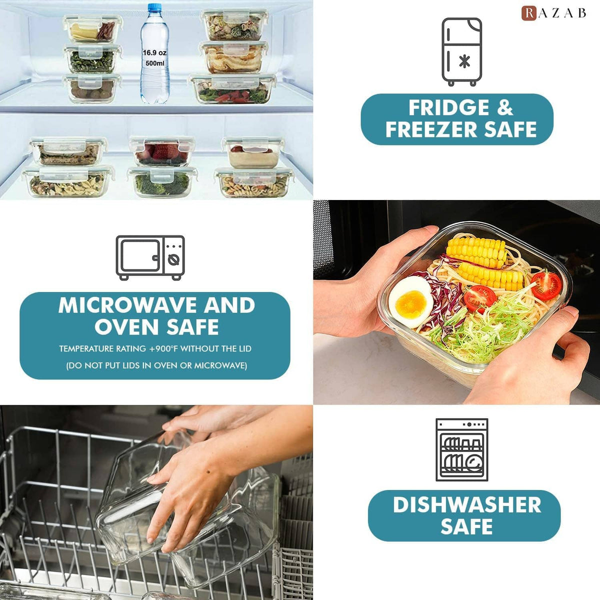 Glass meal prep containers for fridge, freezer, microwave, oven, and dishwasher safe use