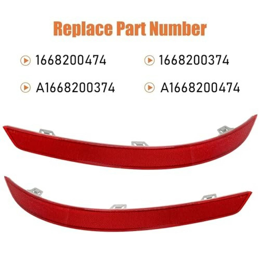 Two red curved rear bumper reflectors with mounting tabs and textured lens