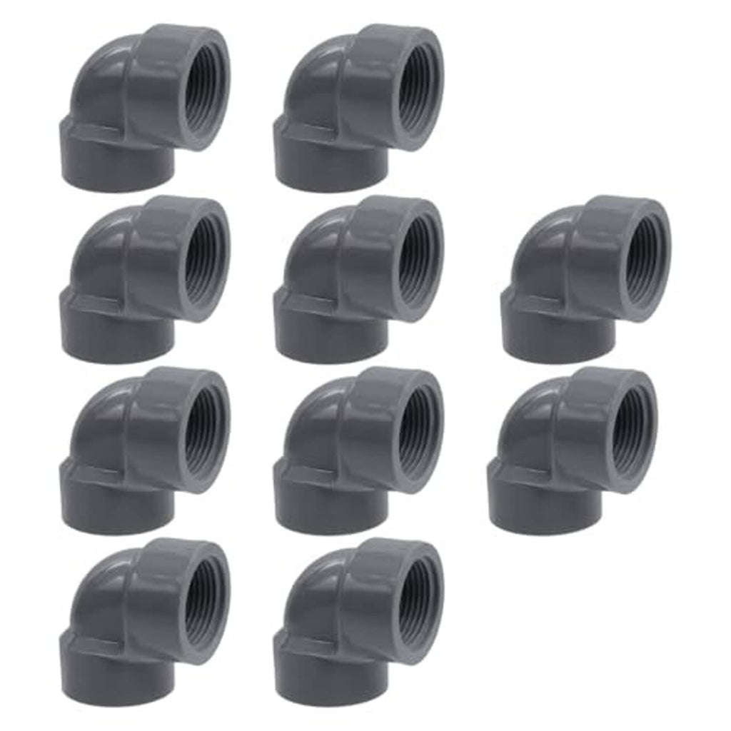 Gray PVC 90-degree elbow adapter, female-to-female threaded connection, front view