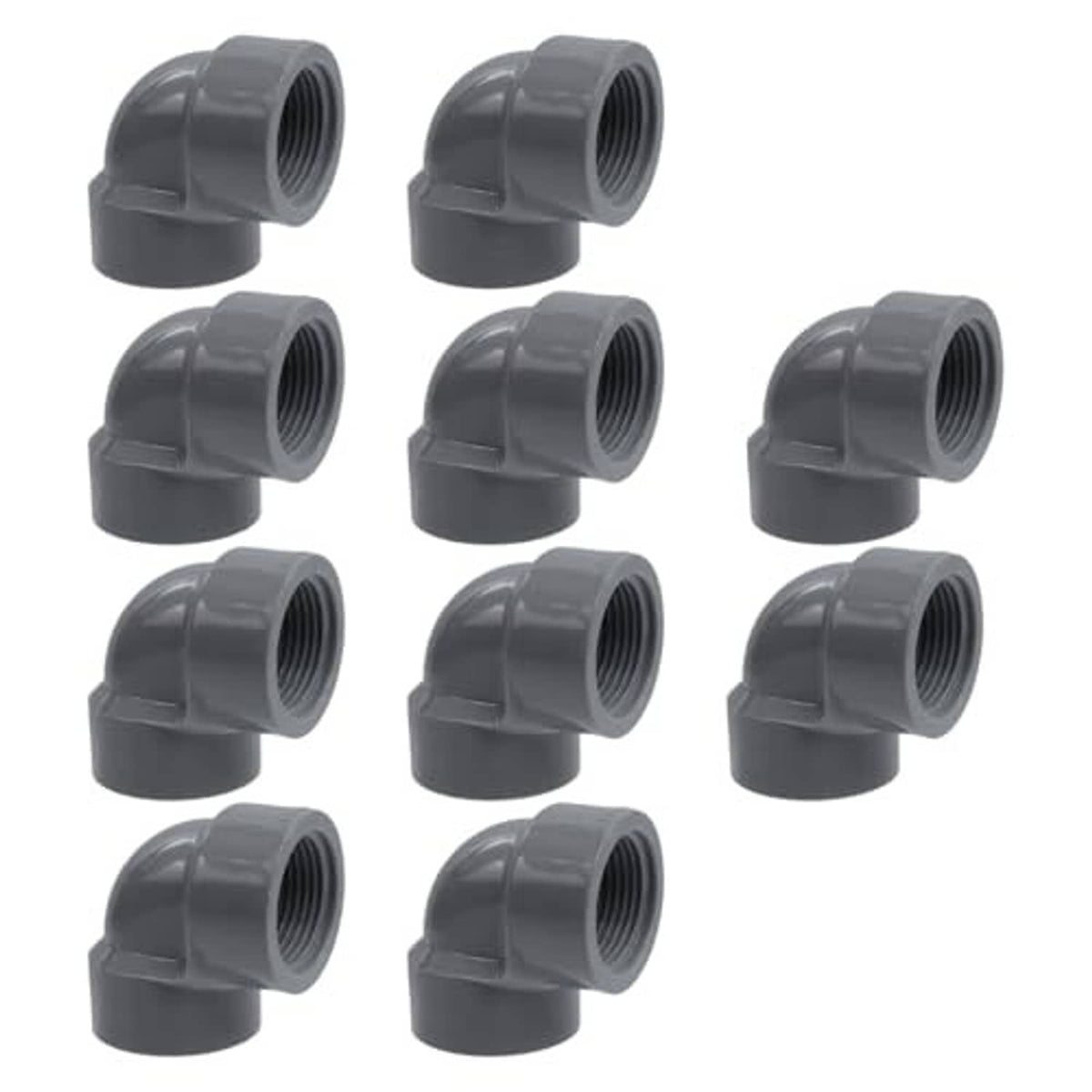 Gray PVC 90-degree elbow adapter, female-to-female threaded connection, front view