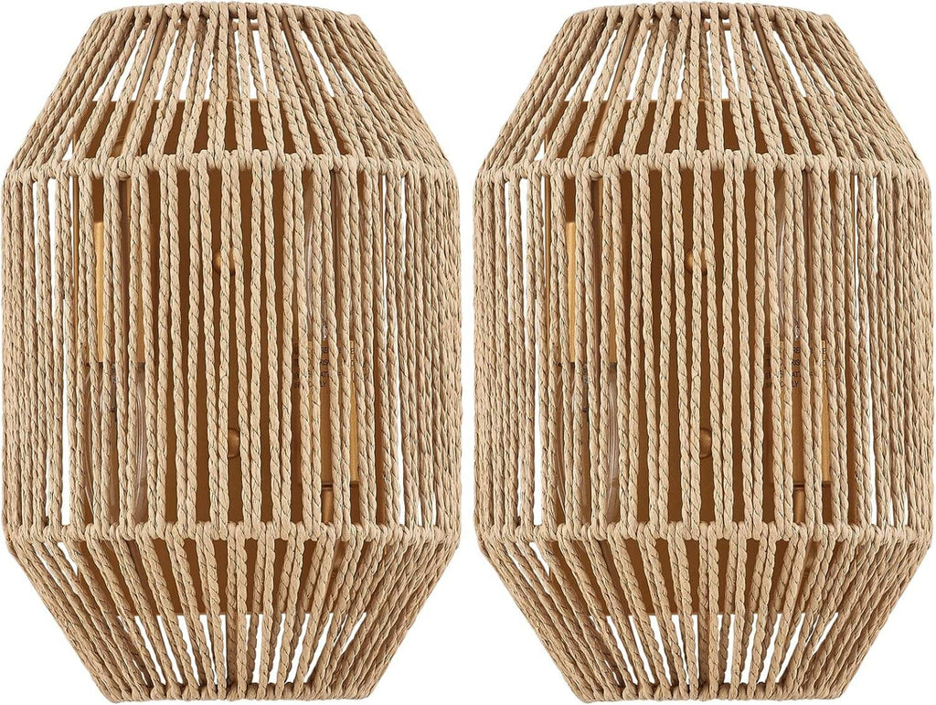 Set of 2 woven rattan wall sconce shades with open lattice pattern