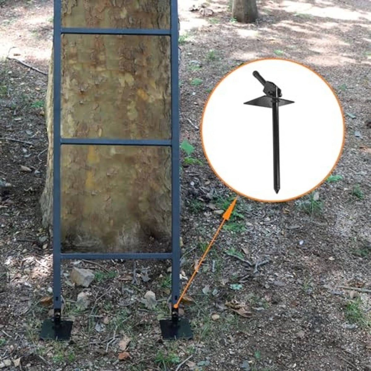Black treestand ground spikes shown with base plates and a pointed spike stake