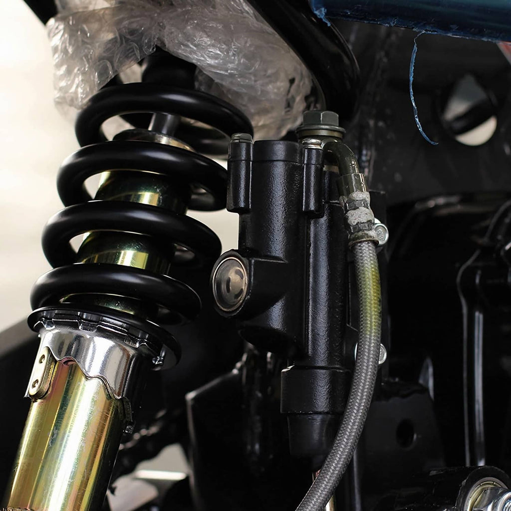 Black rear brake master cylinder assembly with gold hose connector and mounting hardware