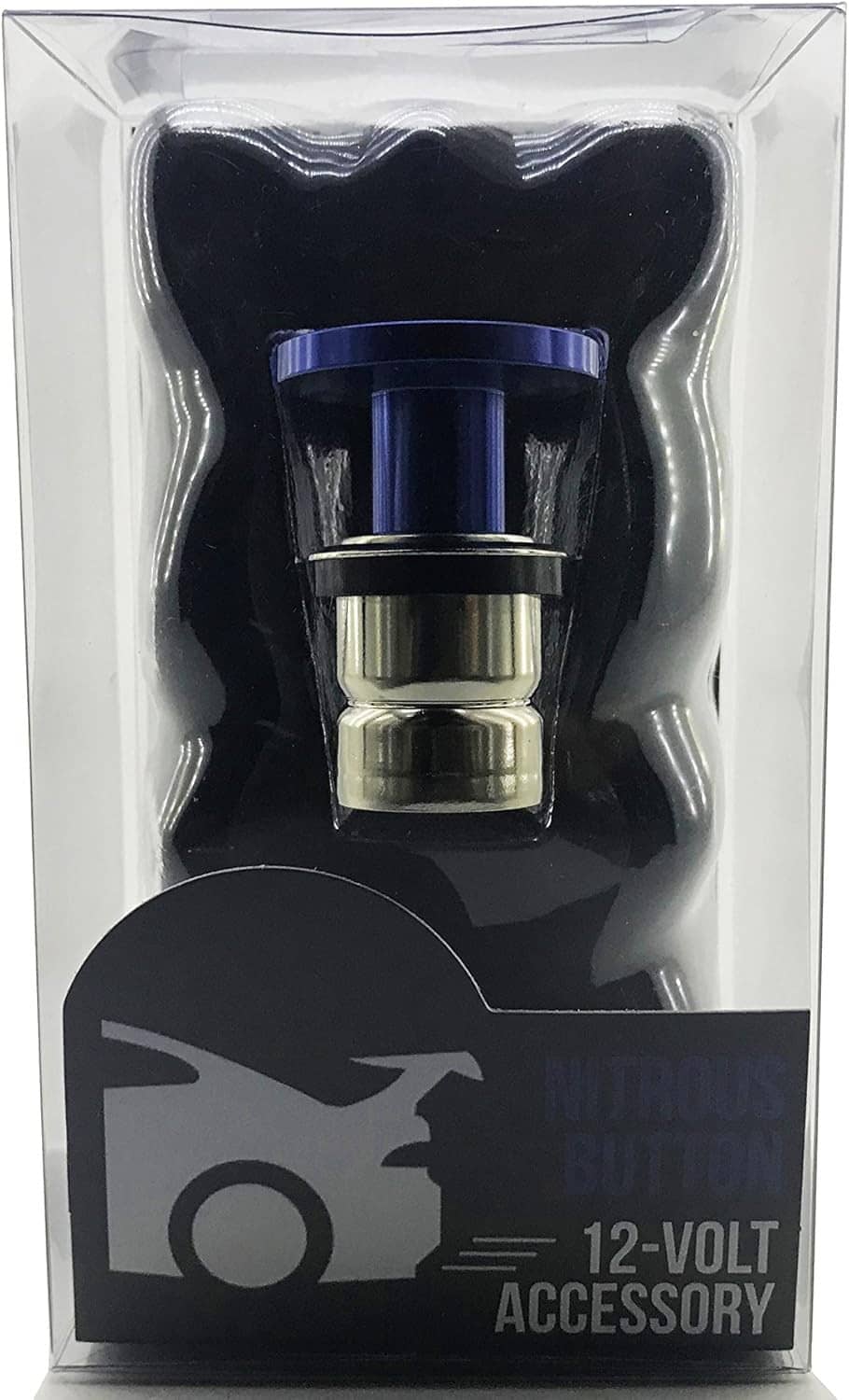 Nitrous button car cigarette lighter in retail box, dark base with blue top and metal tip