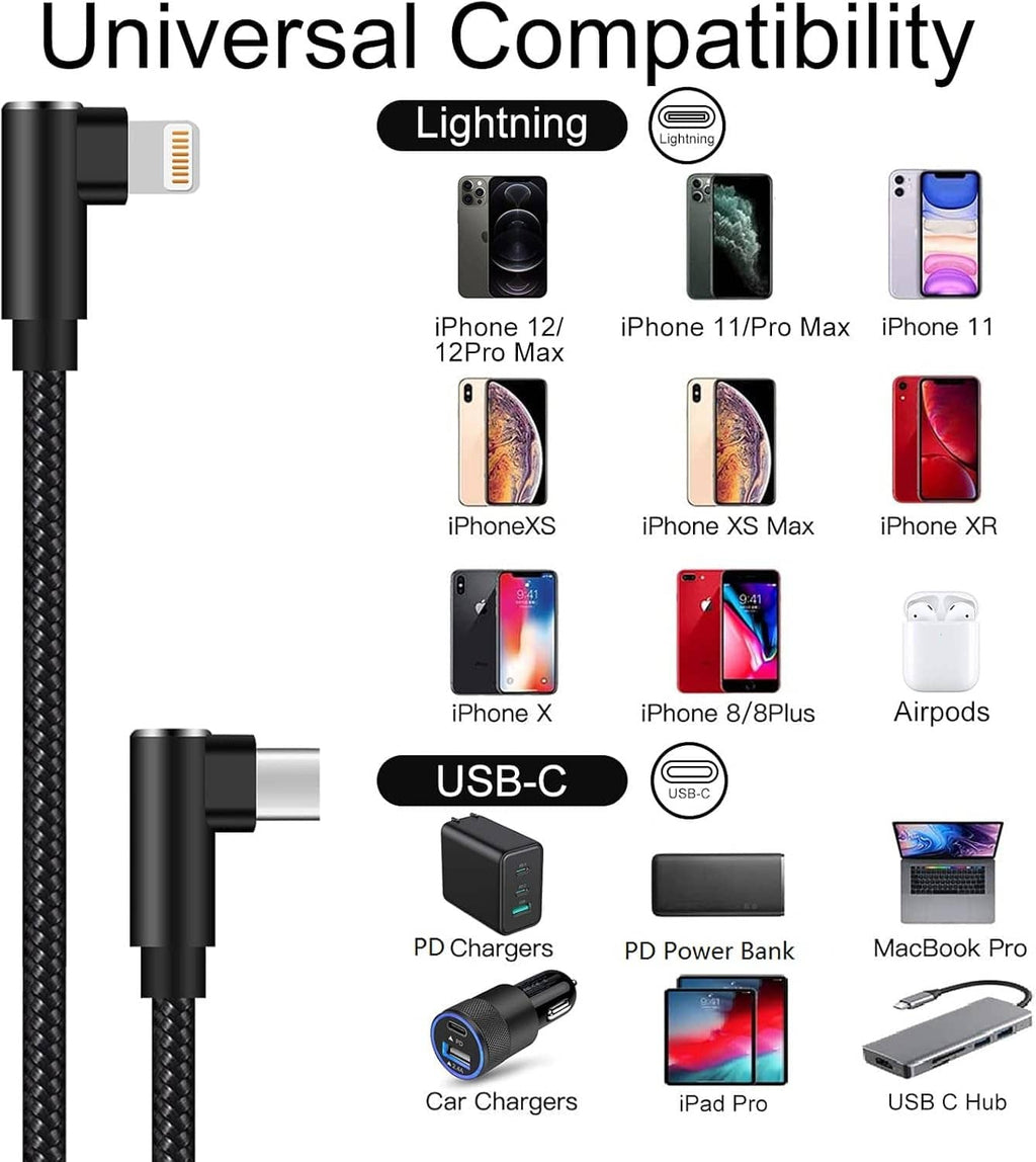 Black USB-C to Lightning charging cable with right-angle Lightning and USB-C plugs