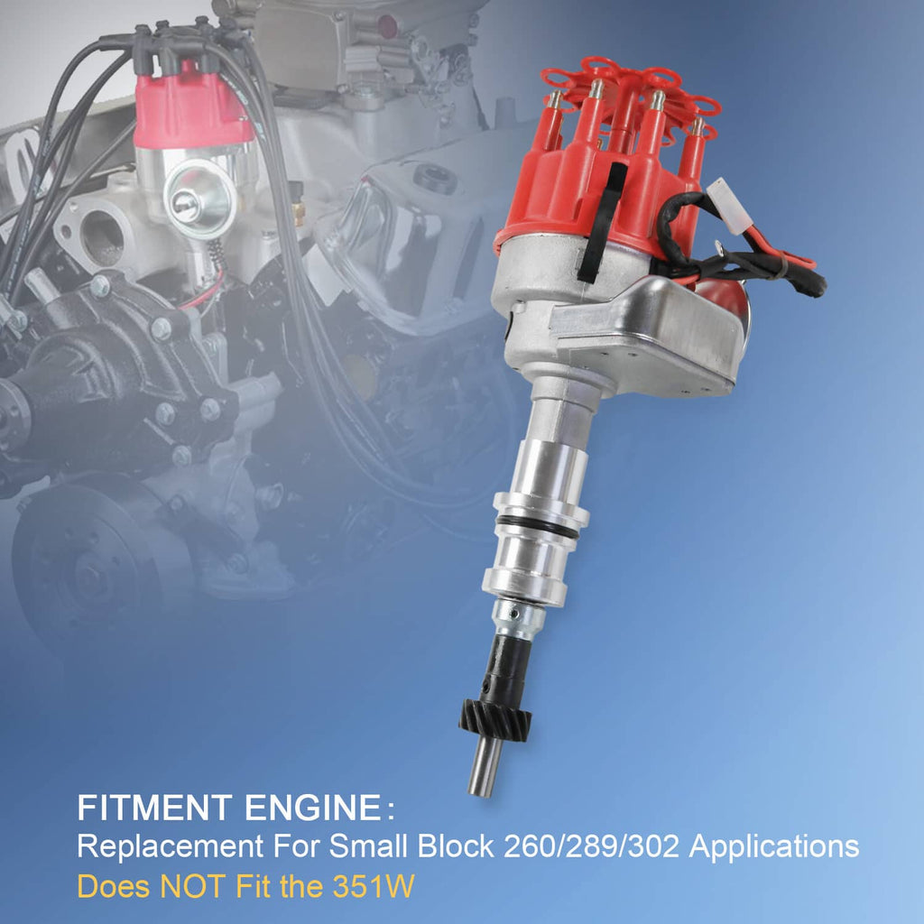 Red-and-silver HEI distributor with red spark plug wires in engine bay