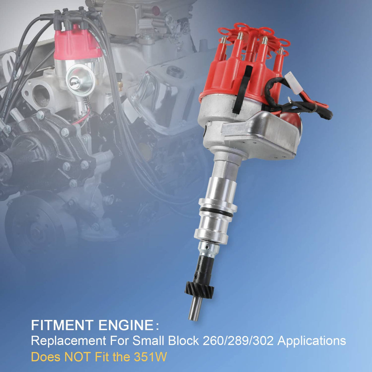 Red-and-silver HEI distributor with red spark plug wires in engine bay