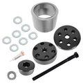 Bushing installation tool kit with steel sleeves, black plates, threaded rod, washers