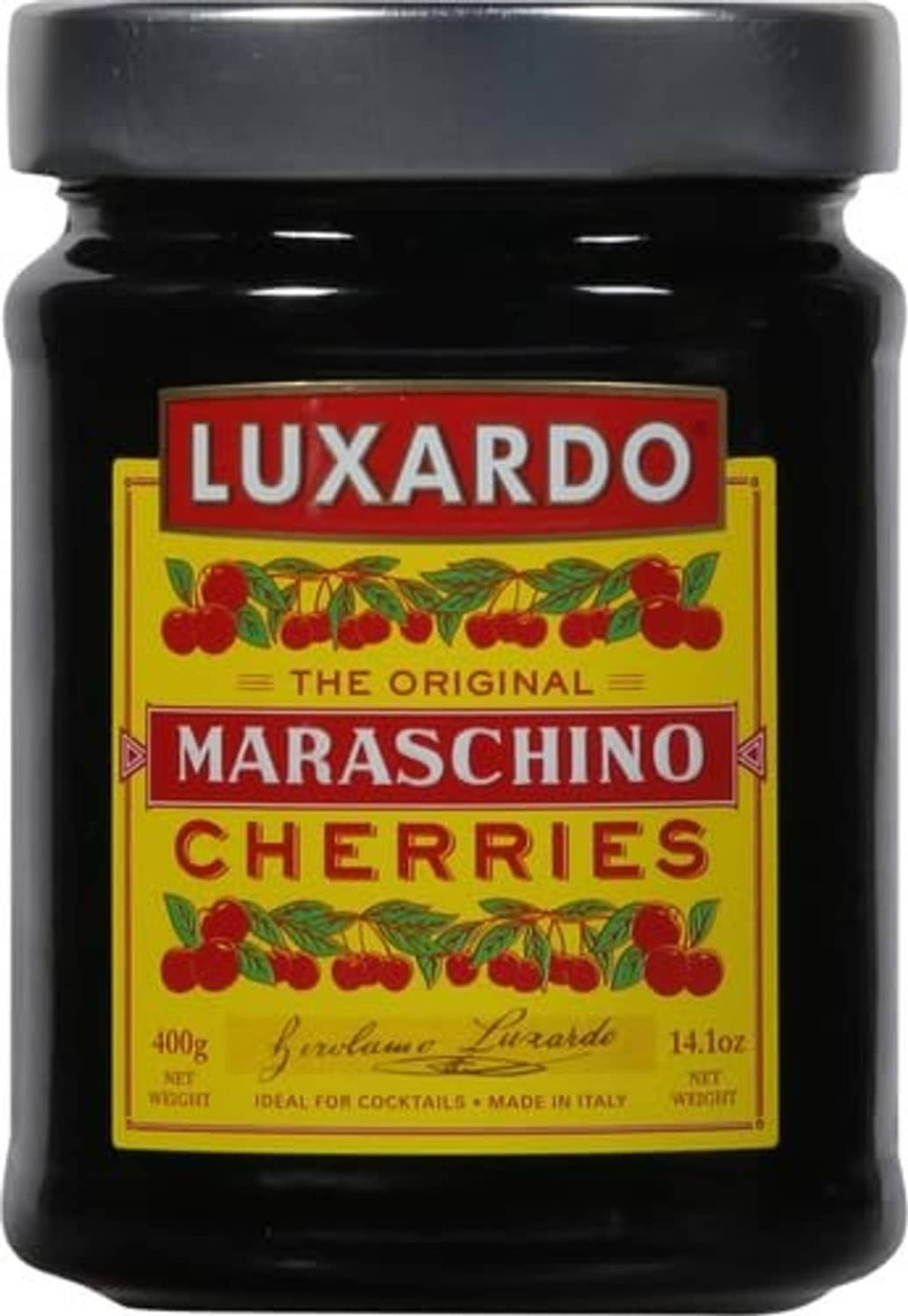 Luxardo maraschino cherries jar with front label and black glass