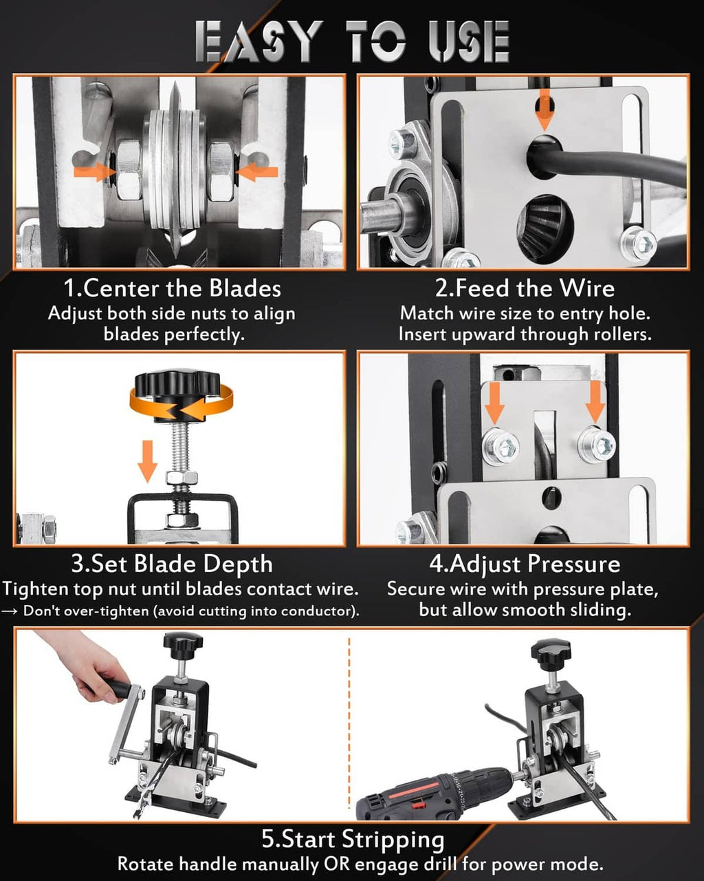 Wire stripper operation steps with adjustable blade depth and pressure settings