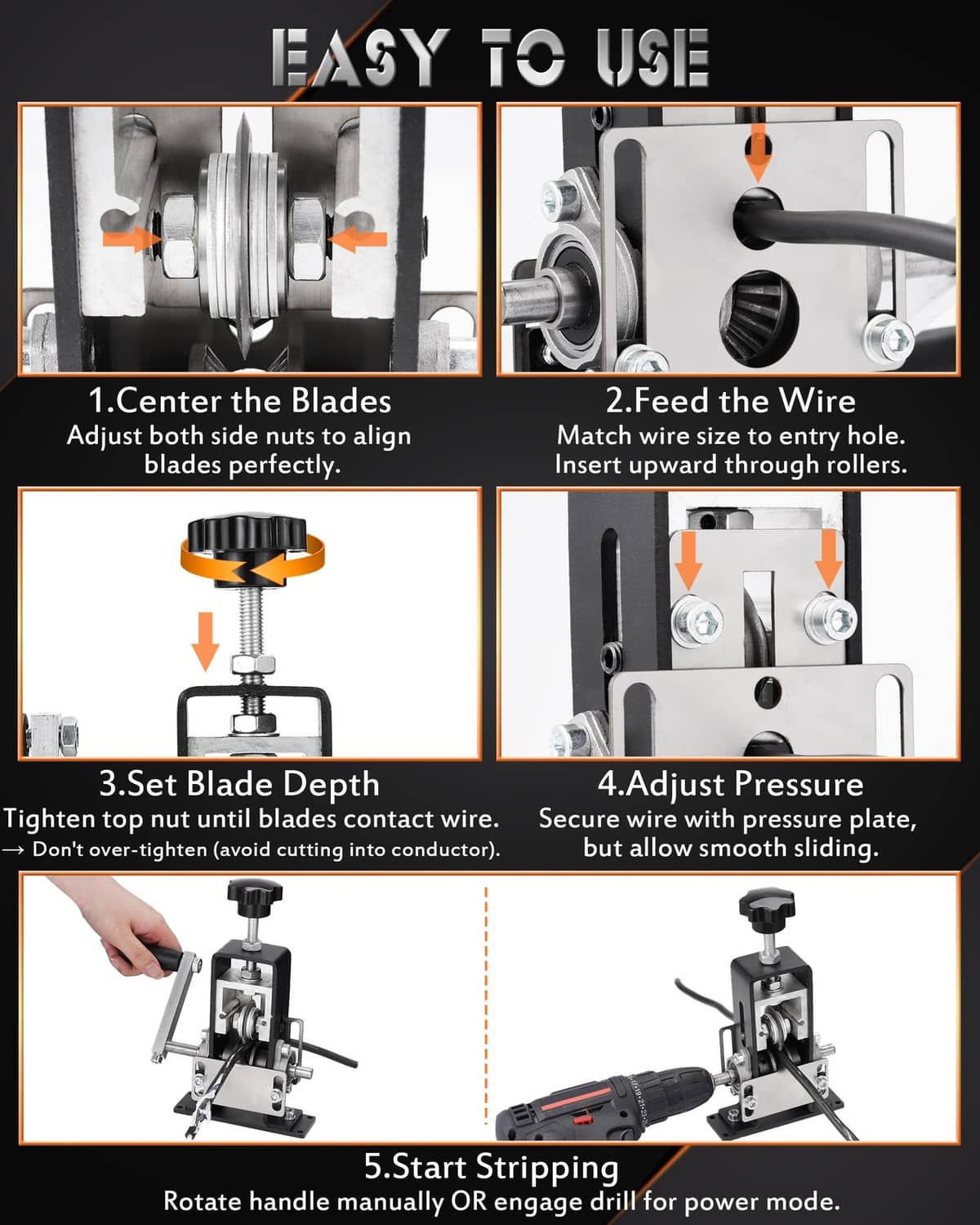 Wire stripper operation steps with adjustable blade depth and pressure settings