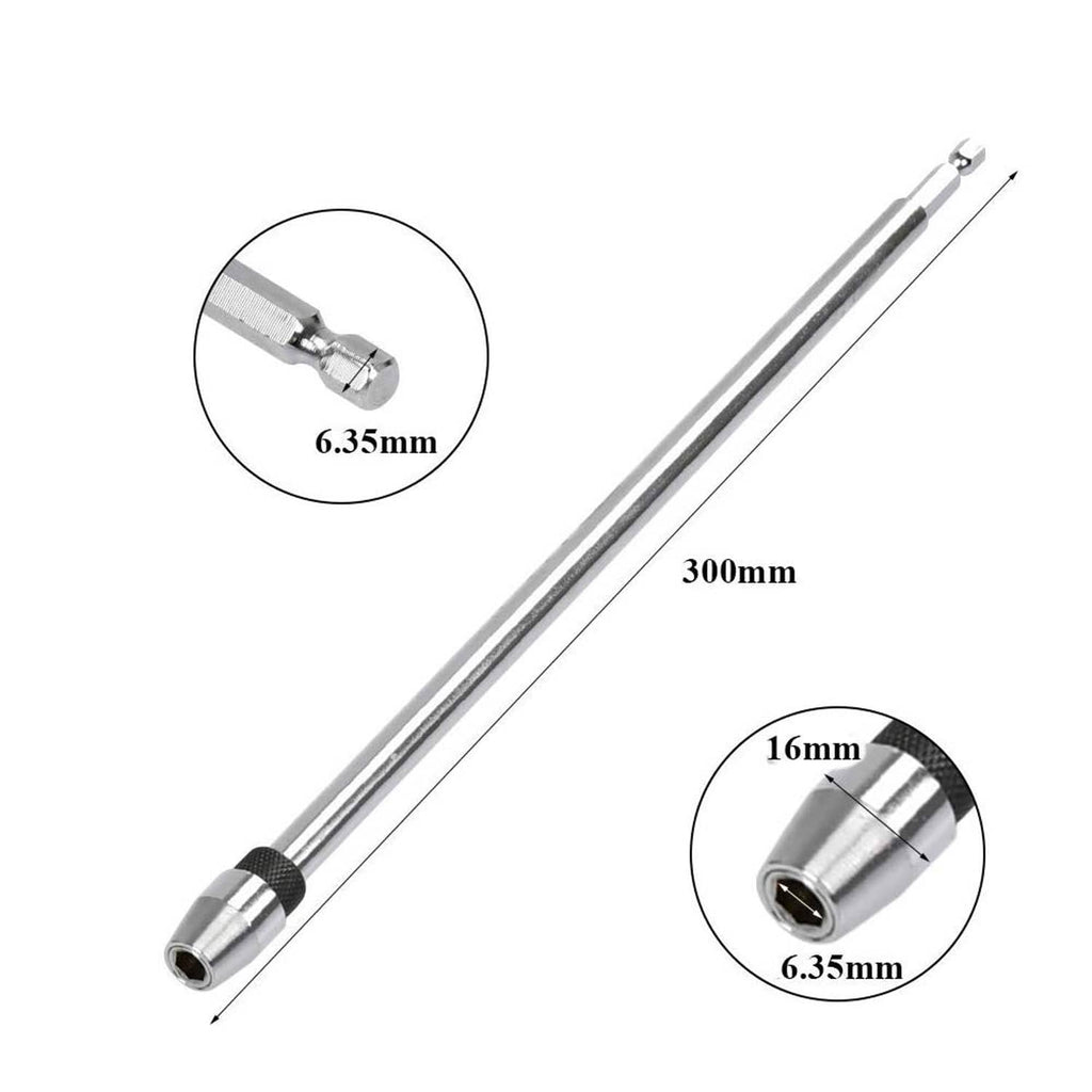 Bit holder extension rod with 300mm length, 6.35mm hex tail, black-and-silver ends