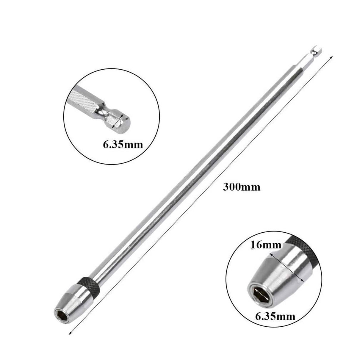Bit holder extension rod with 300mm length, 6.35mm hex tail, black-and-silver ends