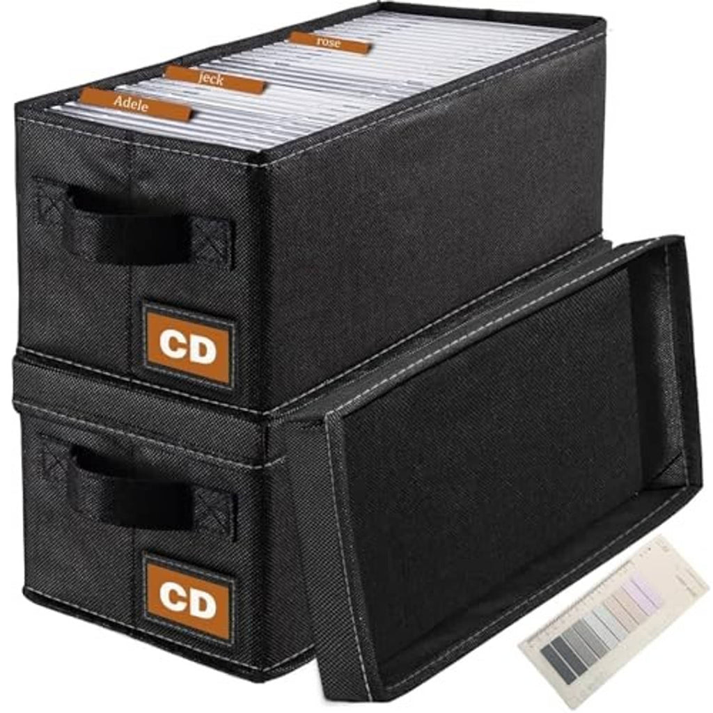 Black 2-pack fabric CD storage boxes with front label tabs and open top CD slots