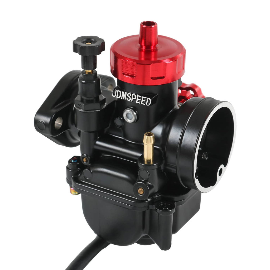 Black carburetor with red top cap and round intake port, with hose and screw fittings