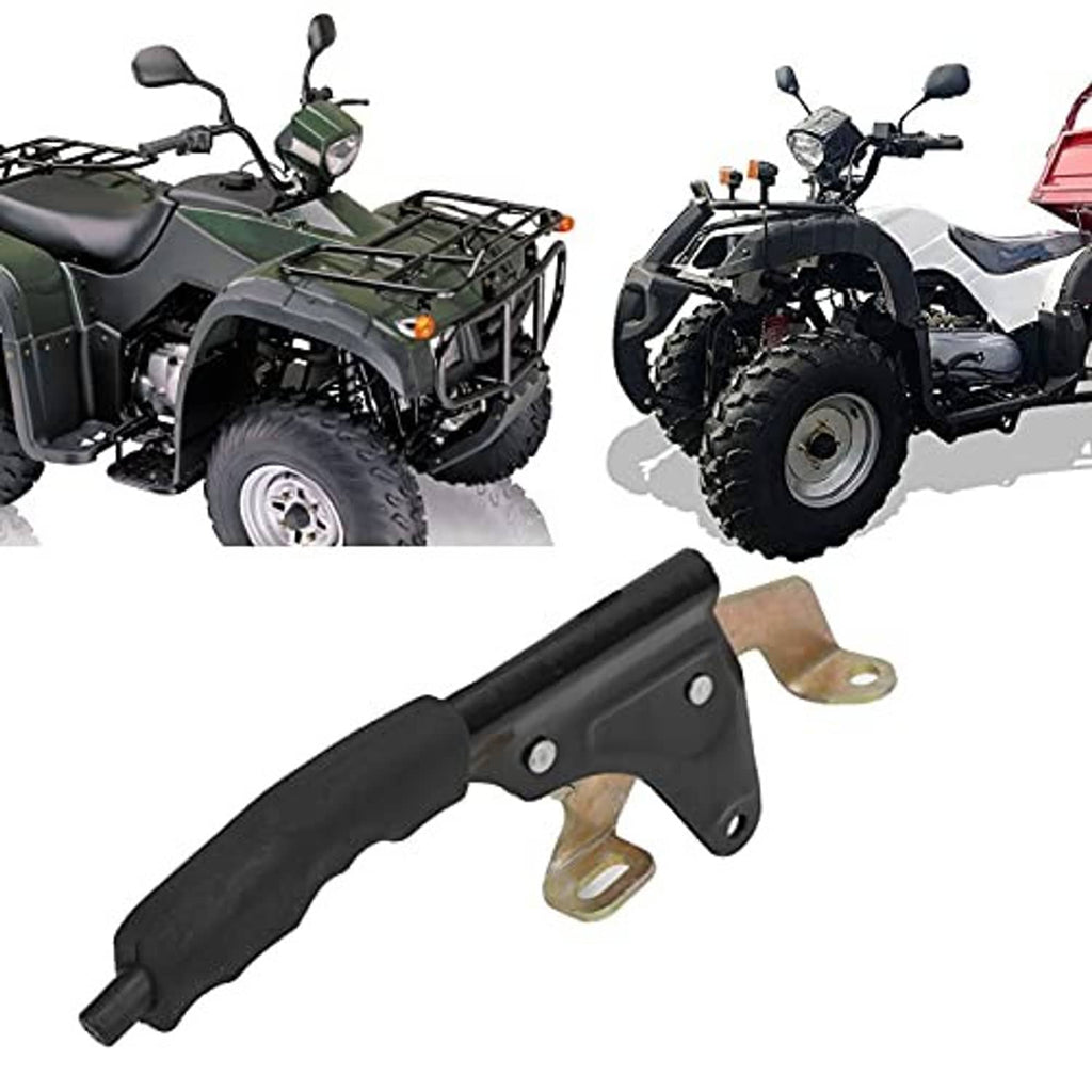 Black parking brake lever with textured rubber handle and bracket mounting tabs