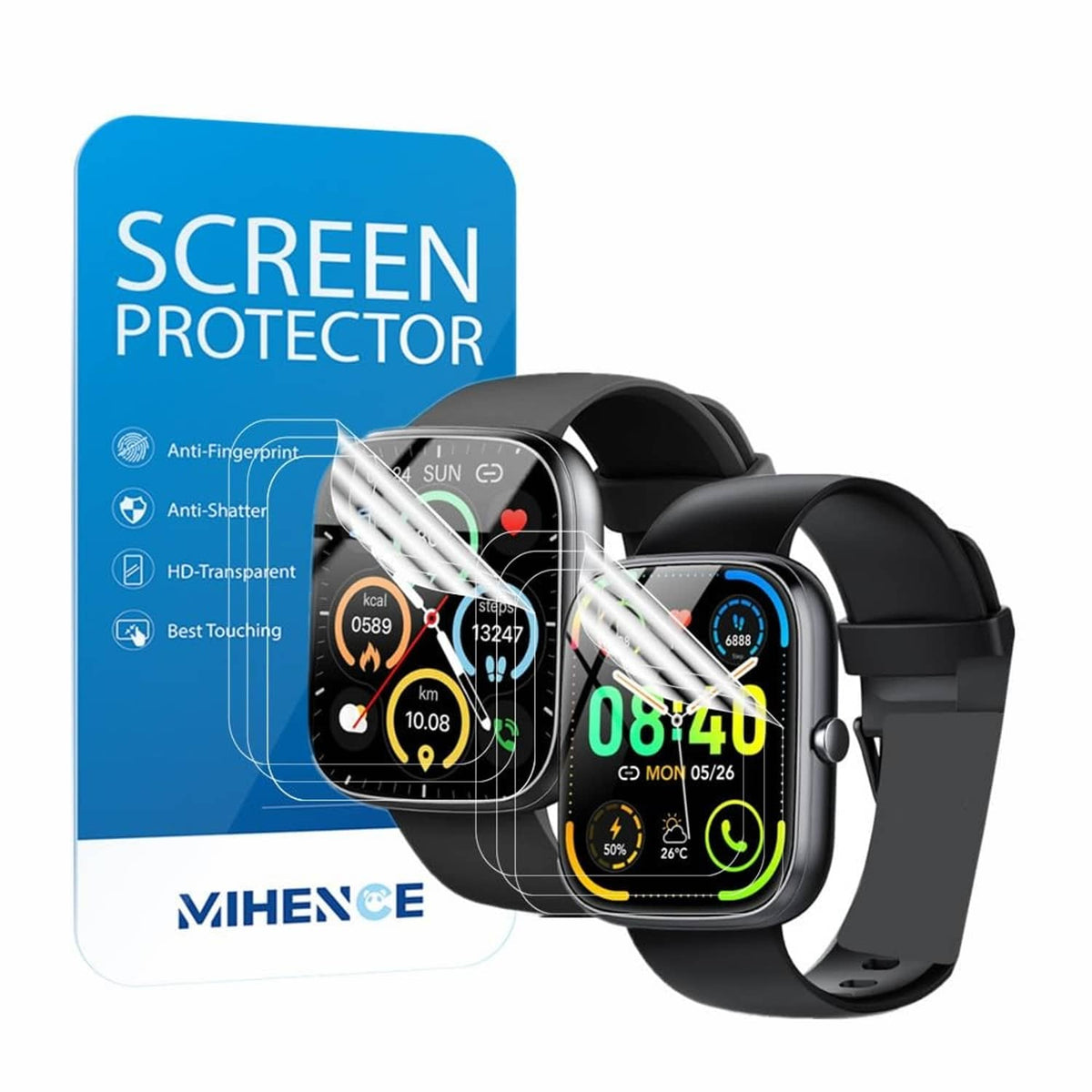 MIHENCE screen protector packaging with transparent film on smartwatch, gray strap