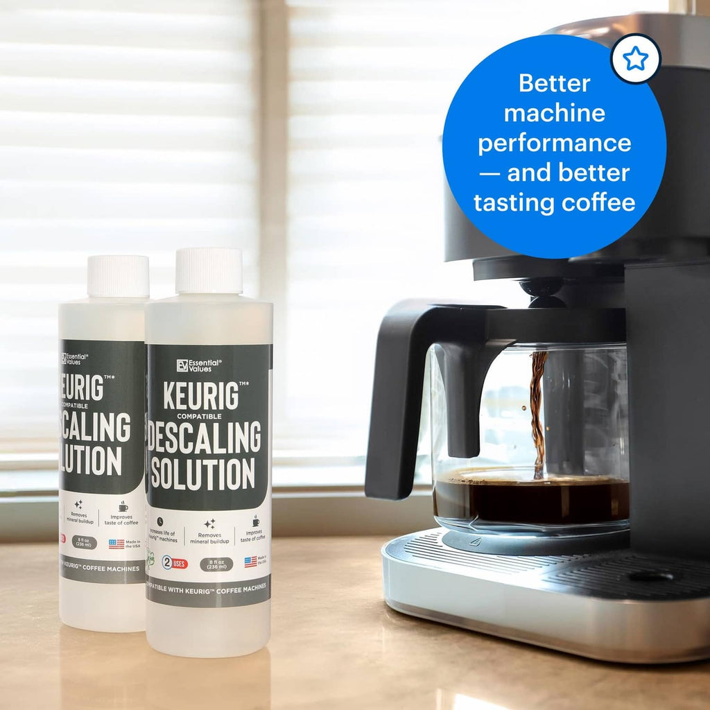 Keurig-compatible descaling solution bottles with coffee machine on kitchen counter