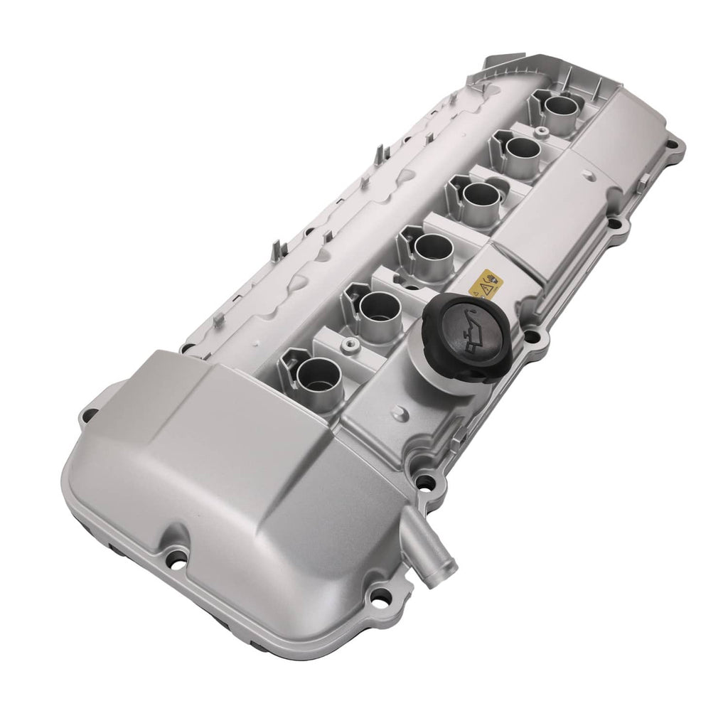 Aluminum engine valve cover assembly, silver-gray with cylinder ports and oil filler cap