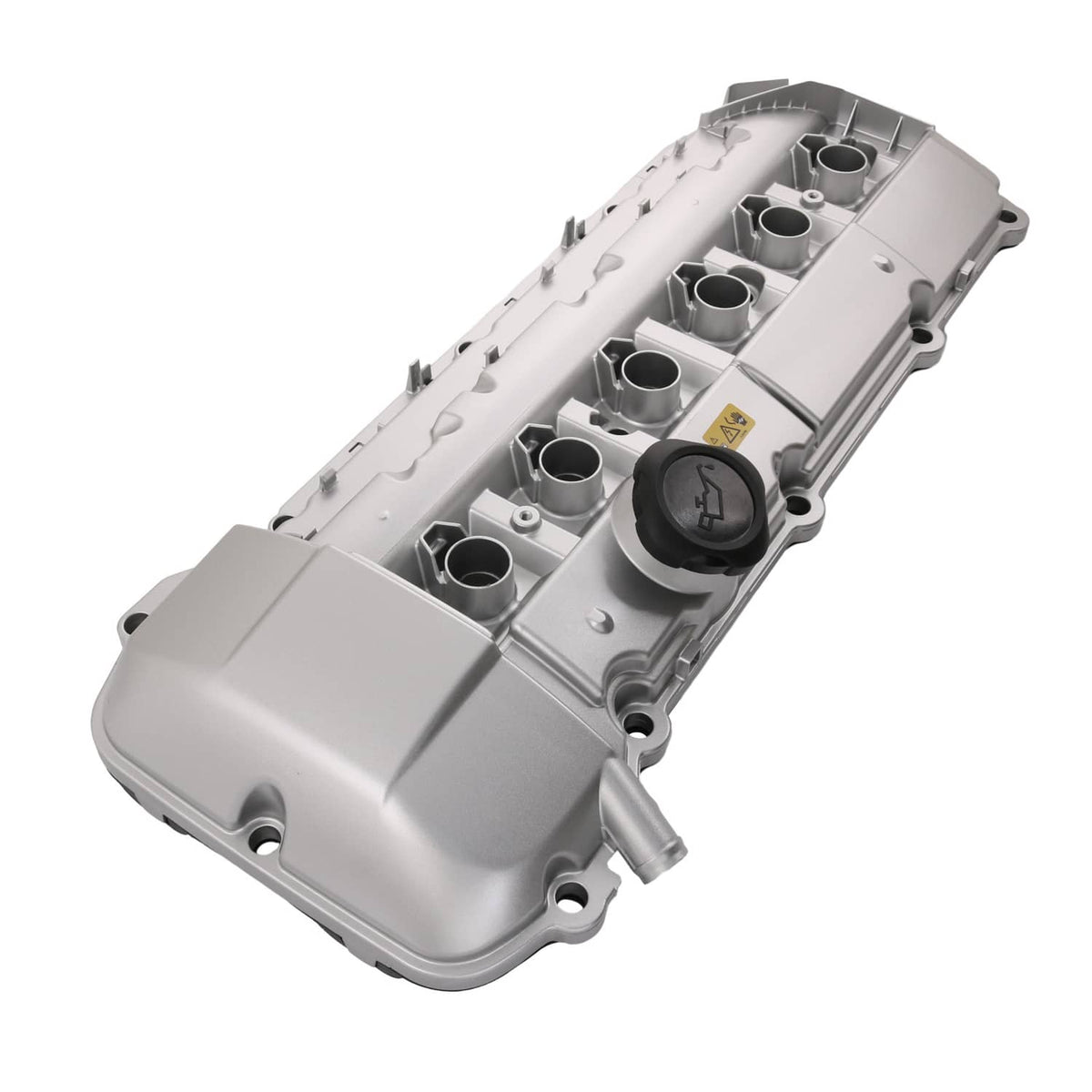 Aluminum engine valve cover assembly, silver-gray with cylinder ports and oil filler cap