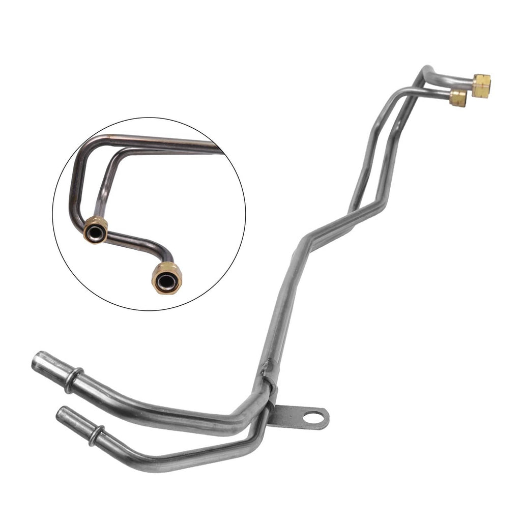 Diesel fuel return line assembly with curved metal tubing and two brass fittings
