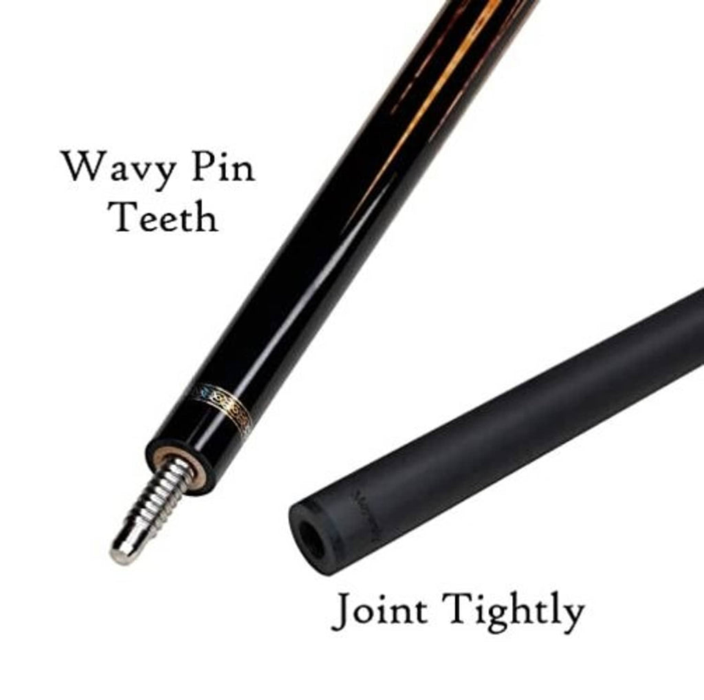 Pool cue joint with wavy pin teeth and tightly connected extension end