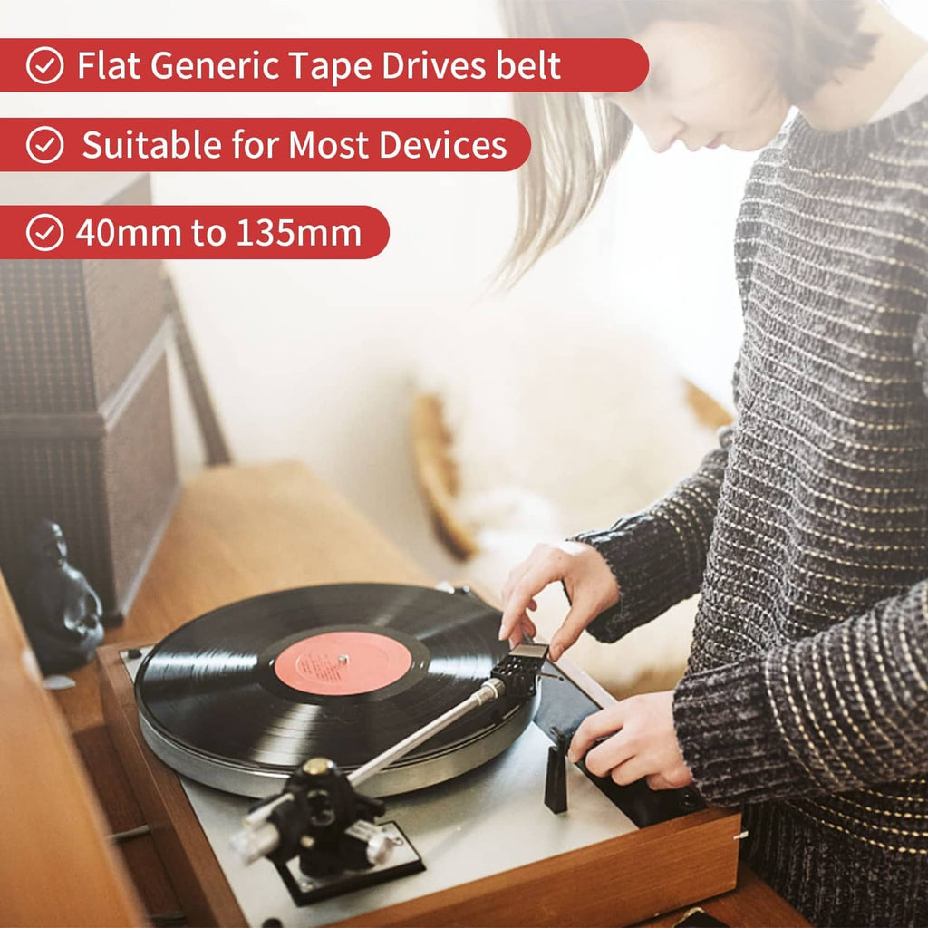 Black flat tape drive belt used for cassette player repair and maintenance.