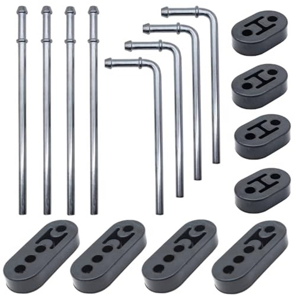 Exhaust hanger rods with silver finish and black rubber isolator pads, 16-piece set