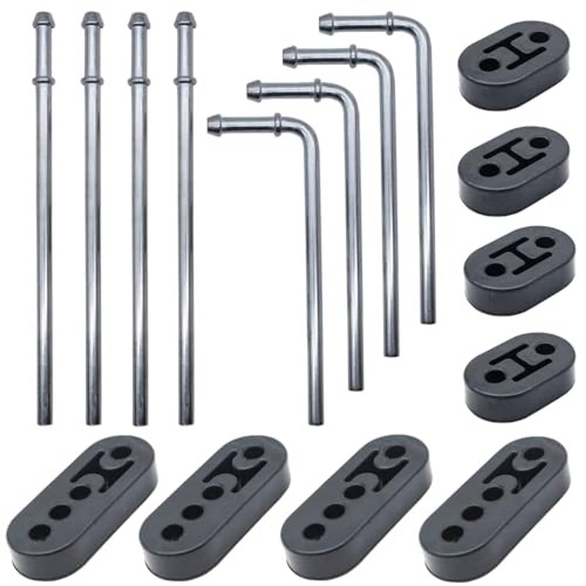 Exhaust hanger rods with silver finish and black rubber isolator pads, 16-piece set