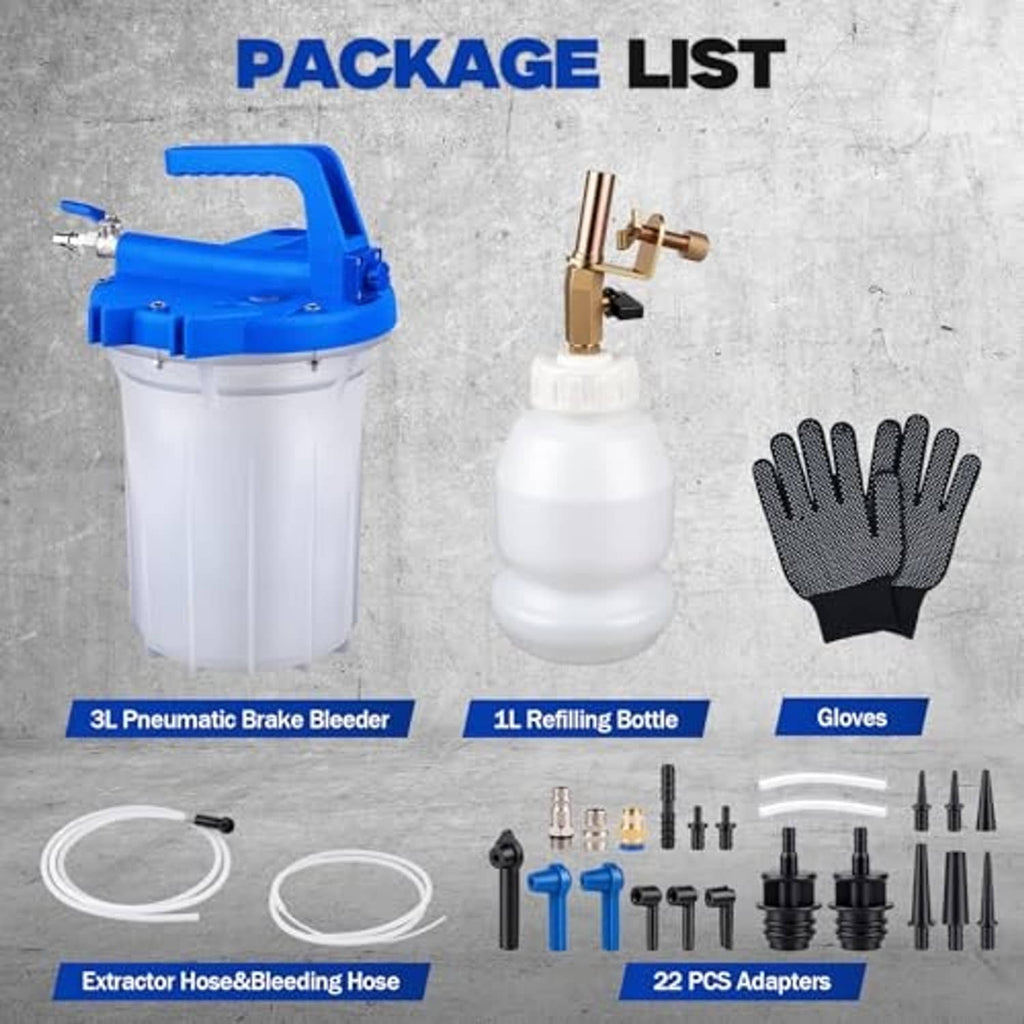 Brake bleeder kit contents: 3L canister, 1L bottle, adapters, hoses, and gloves