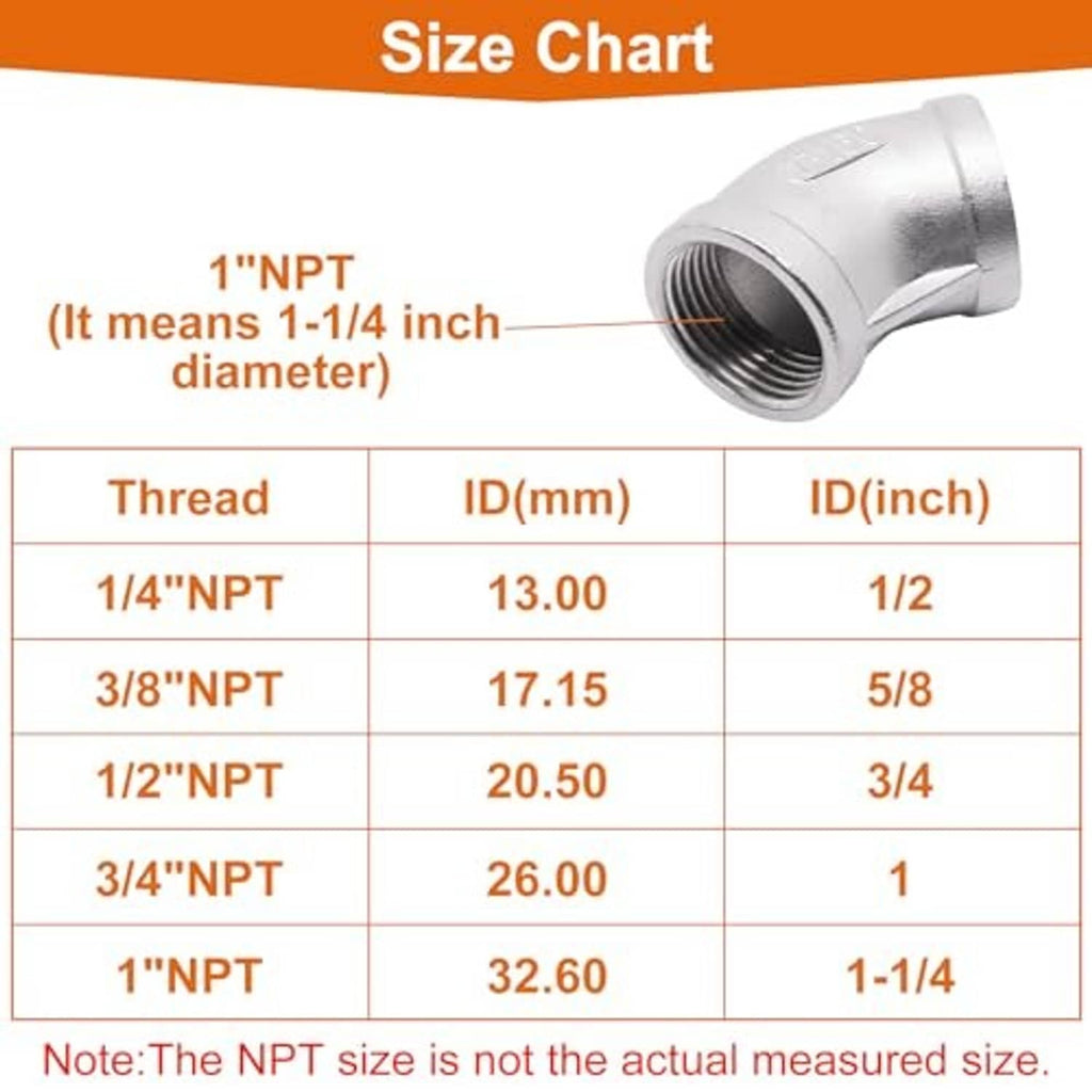 Stainless steel 45° elbow fittings with female NPT threads, pair.