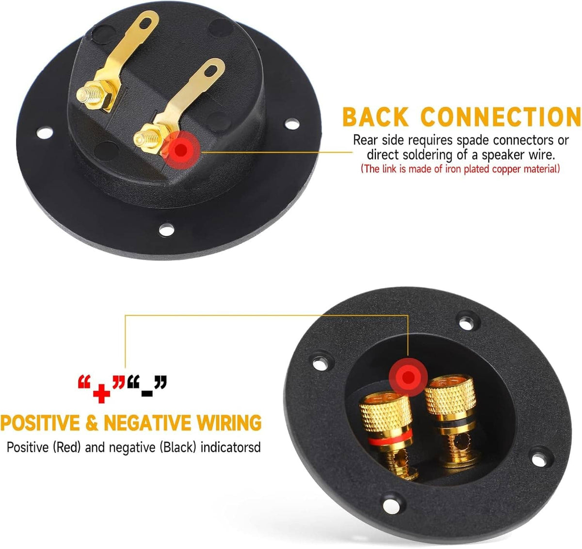 Black speaker terminal cup with two gold posts and red positive/negative markers