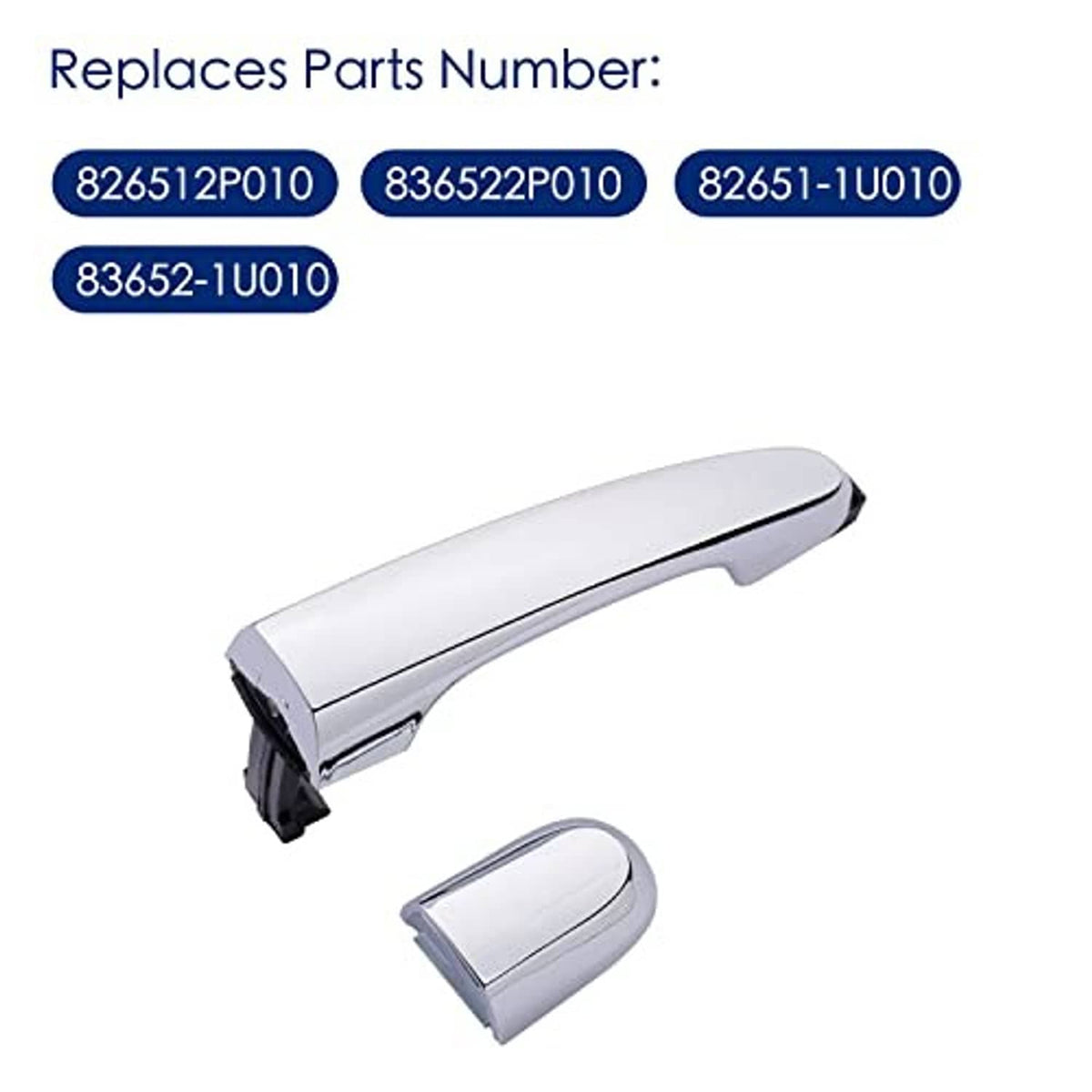 Chrome door handle with detached cover cap, showing black mounting clips