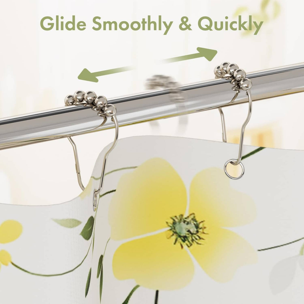 Polished nickel shower curtain hook bead track on a chrome rod, smooth hanging loop