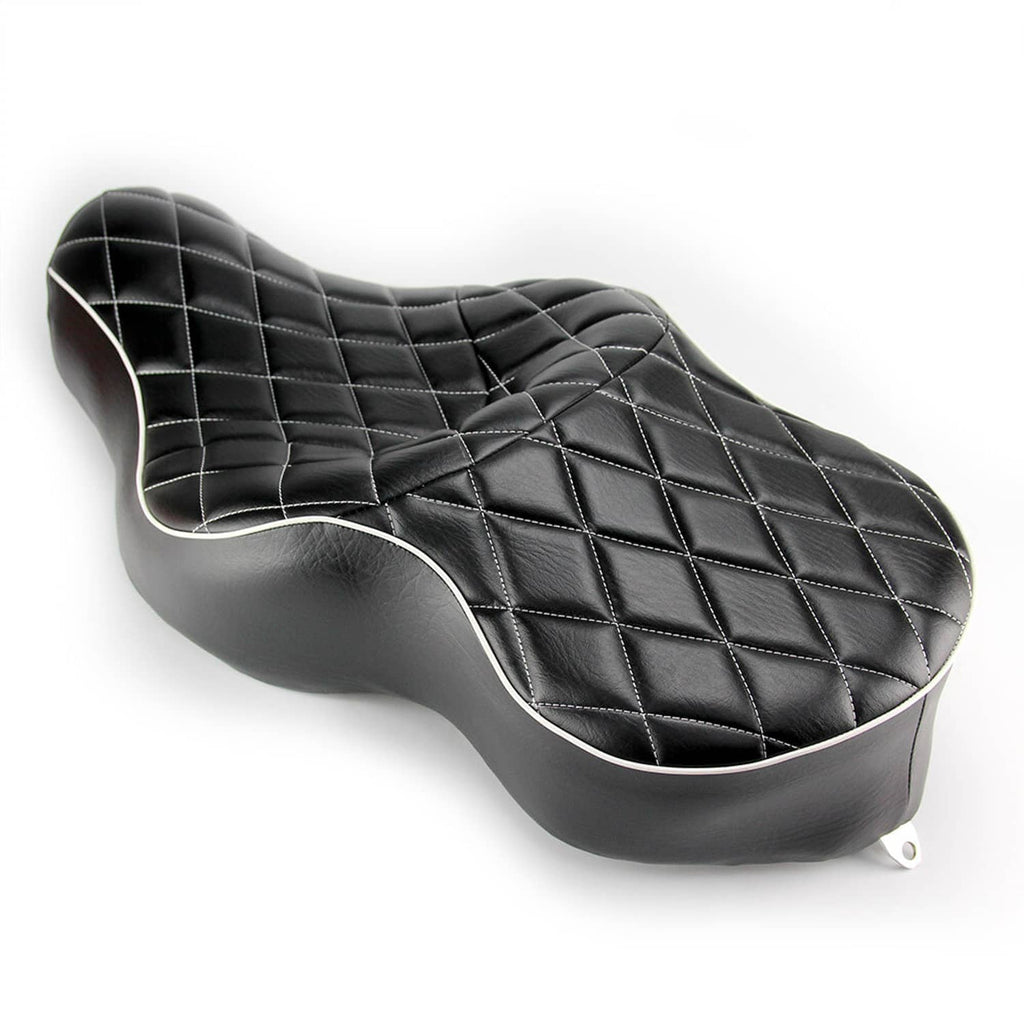 Two-up seat cushion with black diamond-stitched quilting and light piping trim