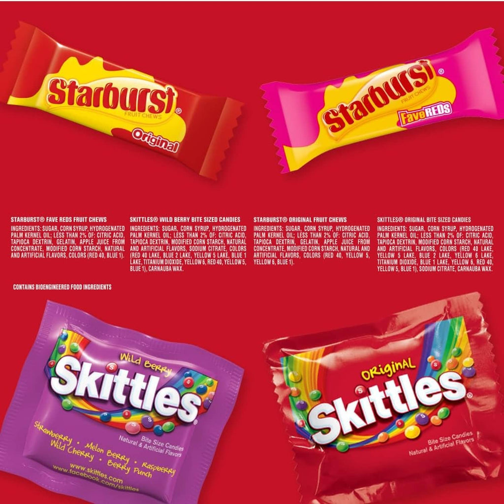 Assorted Starburst and Skittles pouches laid out for Original and Wild Berry