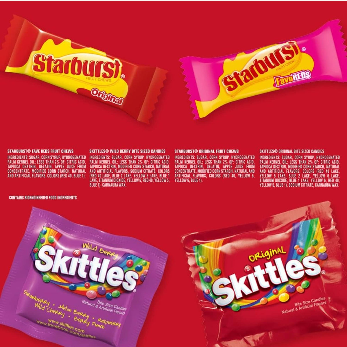Assorted Starburst and Skittles pouches laid out for Original and Wild Berry