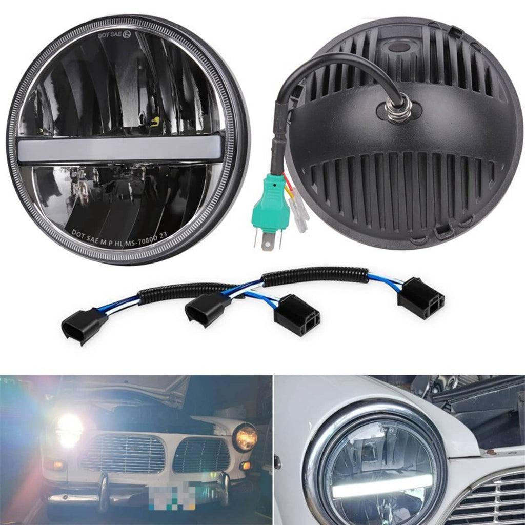 Round halo LED headlight pair with rear housing and wiring harness; front inset shown