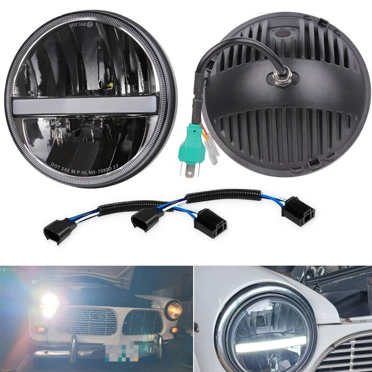 Round halo LED headlight pair with rear housing and wiring harness; front inset shown