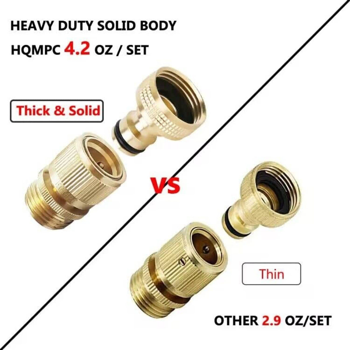 Brass garden hose quick-connect ends showing push-fit connector and threaded coupler