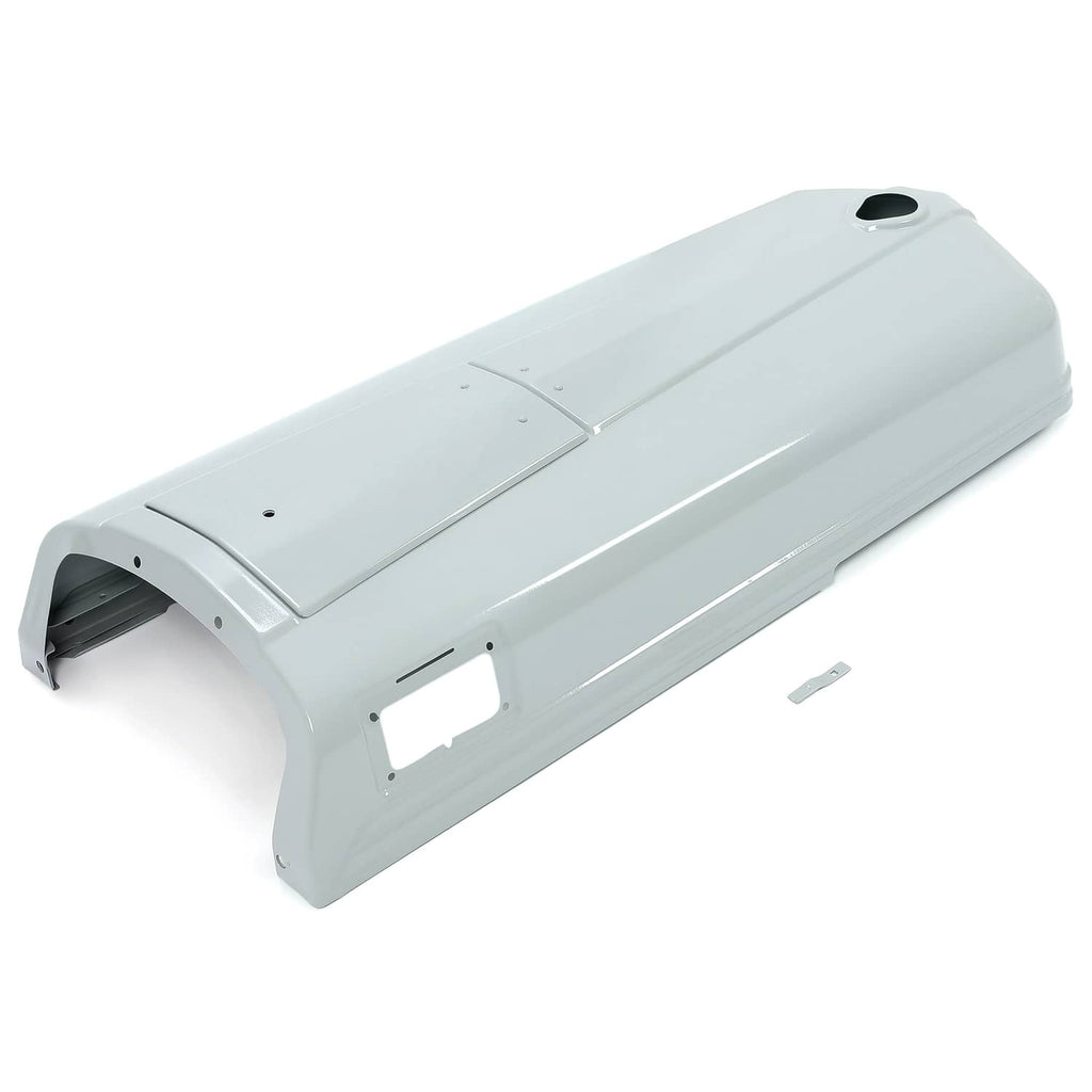Gray tractor engine hood with side cutout and panel seams