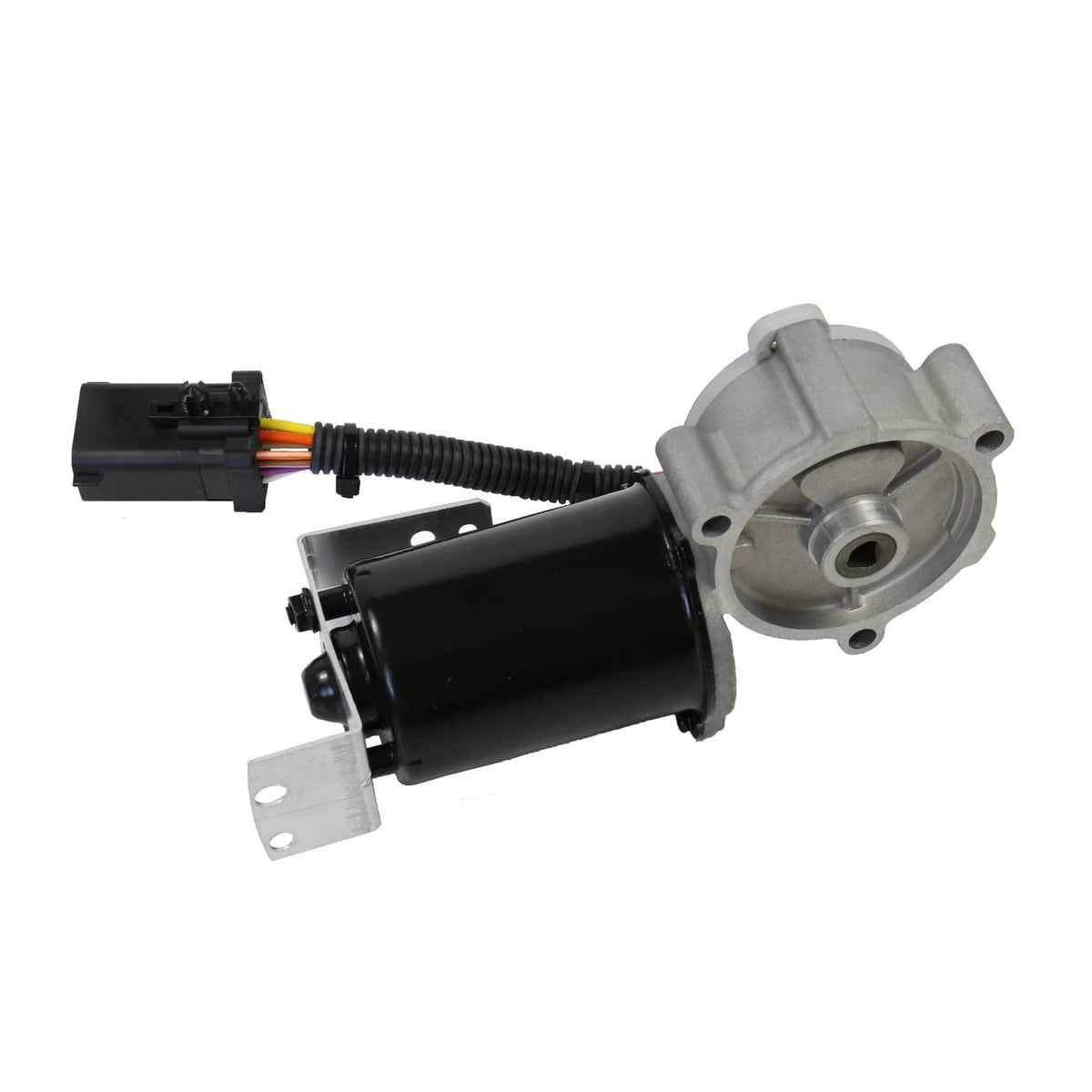 Transfer case shift motor showing mounting plate, connector, and multi-color wire leads