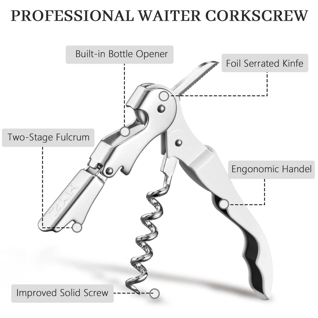 Waiter wine corkscrew key with built-in bottle opener and foil-scraper knife