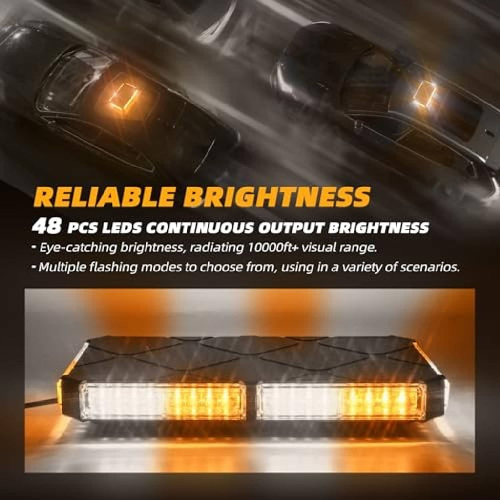 Rooftop strobe light bar with amber glow and clear LED cover, bright flashing