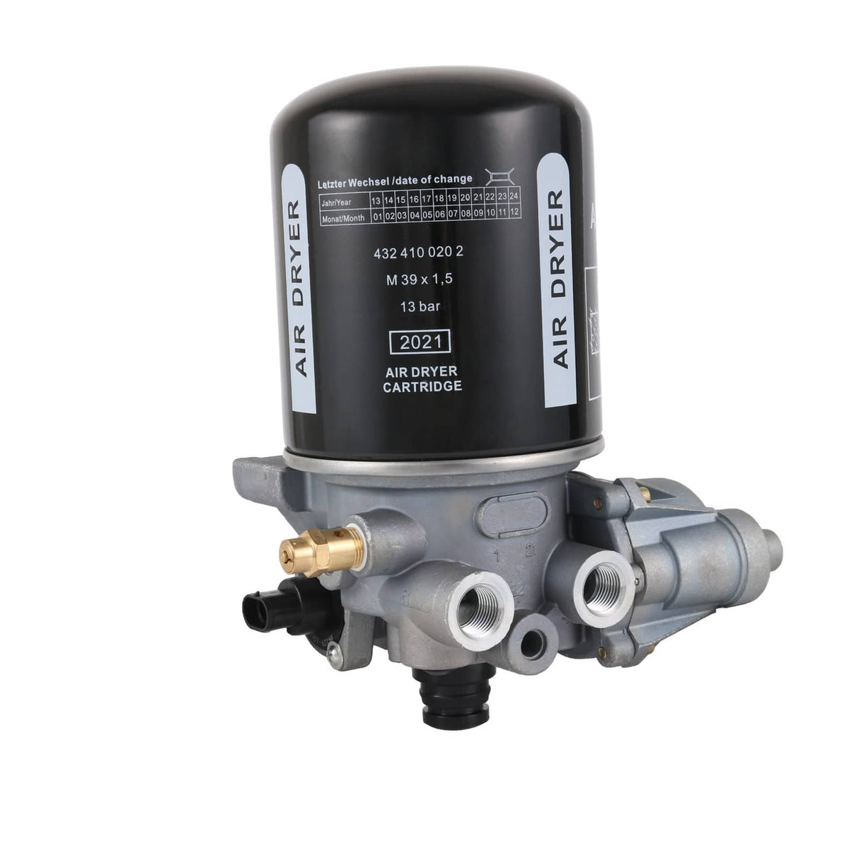 Air dryer with black top label and side-mounted valves and fittings