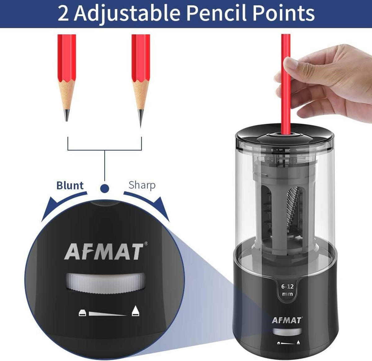 Electric pencil sharpener with two adjustable pencil point settings in clear chamber