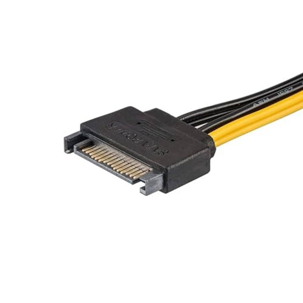 SATA 15-pin female power connector end, black housing with yellow-striped cable leads.