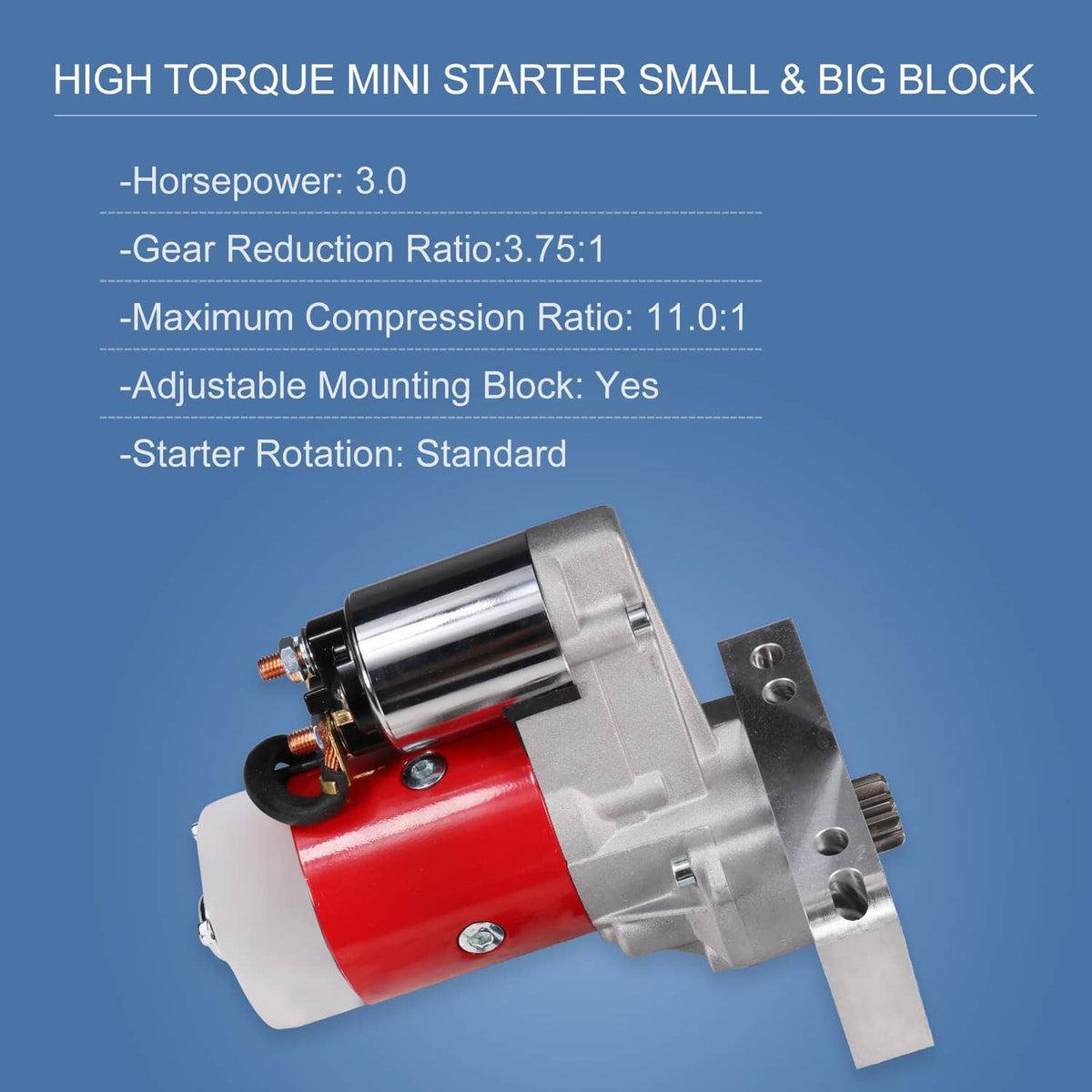 Red and silver mini starter with black motor end and mounting arm