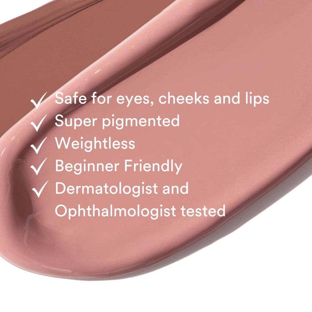 Smoothed matte liquid swatch in soft rose-brown on curved applicator